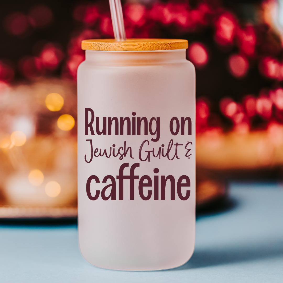 Running on Jewish Guilt Glass Can Cup -  Challah, Cold Brew, or Caffeine