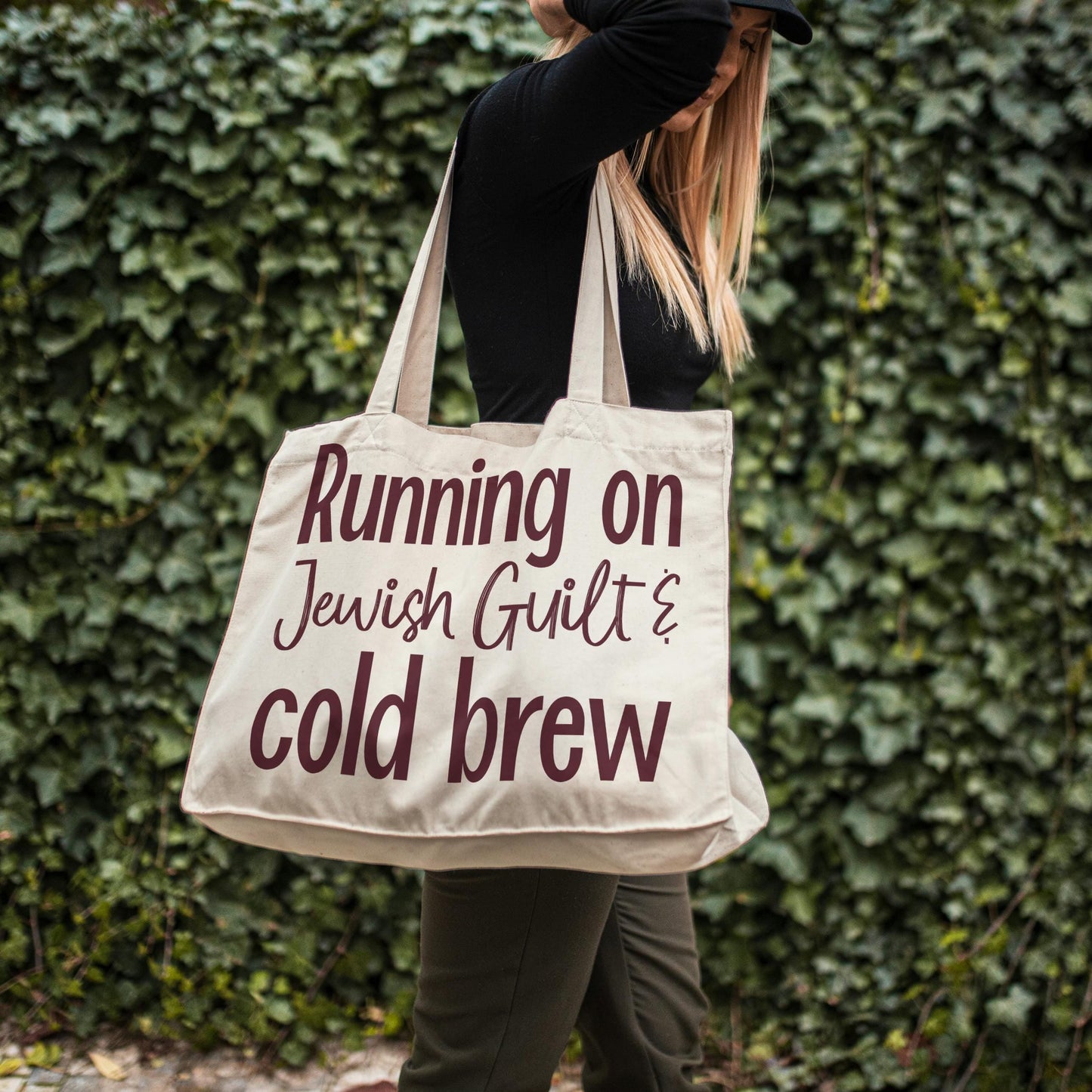 Running on Jewish Guilt Oversized Tote Bag – Challah, Caffeine, or Cold Brew