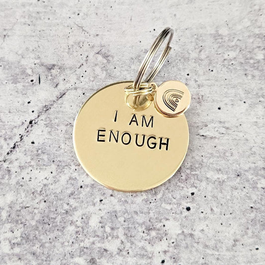 I AM ENOUGH Brass Keychain with Rainbow Emoji