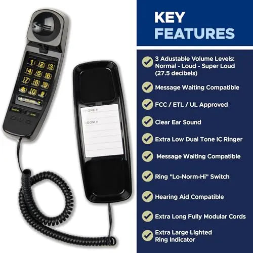 Med-Pat T-4 Trimline Telephone — Corded Amplified Phone, Wall-Mountable & Hearing Aid Compatible for Seniors