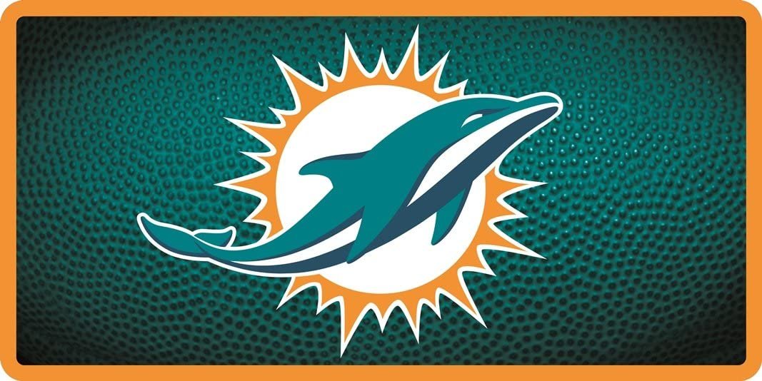 Miami Dolphins Premium Laser Cut Tag License Plate, team Ball Design, Mirrored Acrylic Inlaid, 6x12 Inch