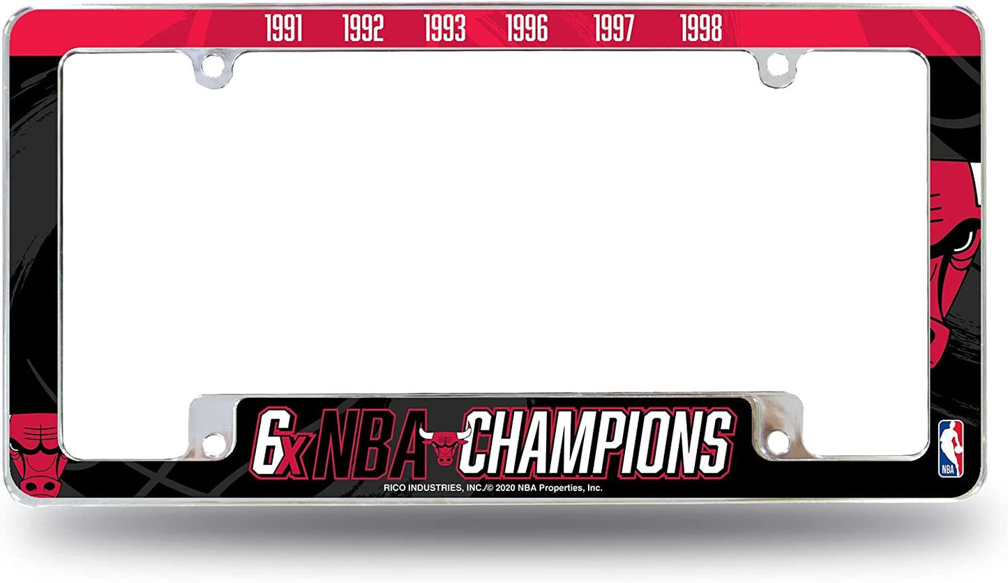 Chicago Bulls 6-Time Champions Metal License Plate Frame Chrome Tag Cover 6x12 Inch
