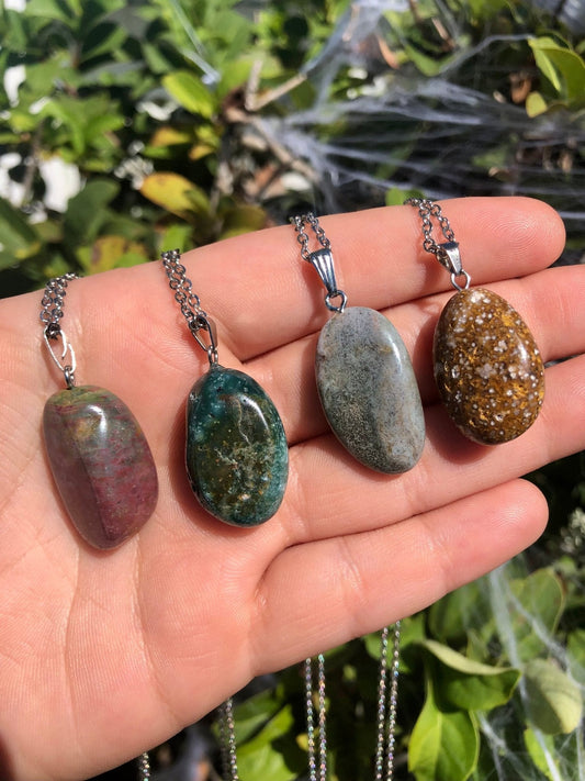 Ocean Jasper Pendant Necklace – 1” Stone on 18” Stainless Steel Chain