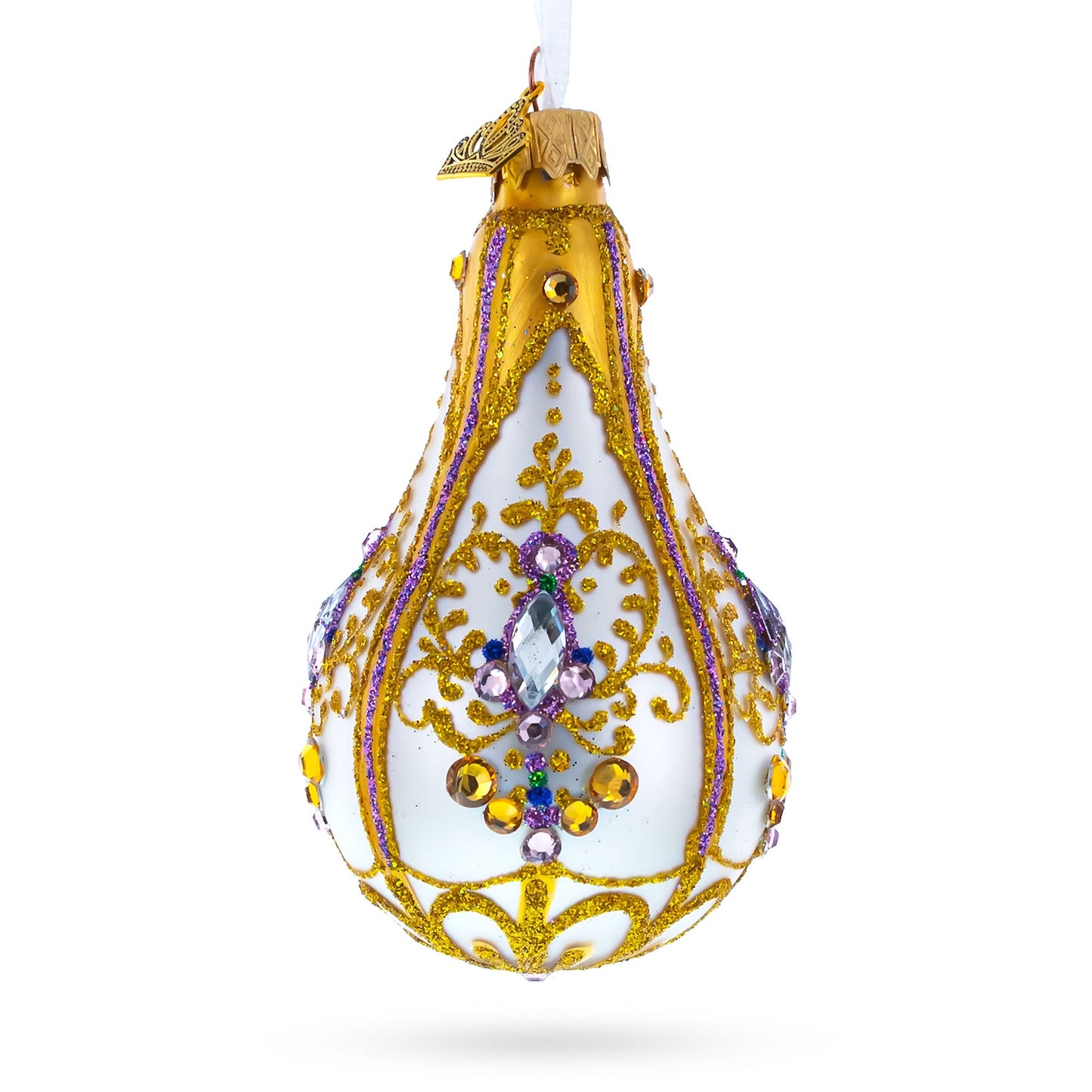 Multicolored Jewels on Golden Swirls Pear Shape Finial Glass Ornament