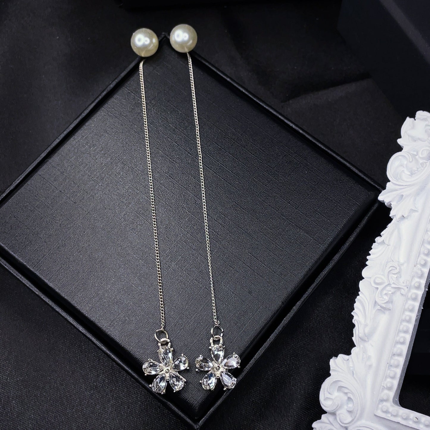 Crystal Flower Threader Earrings with Pearl Studs