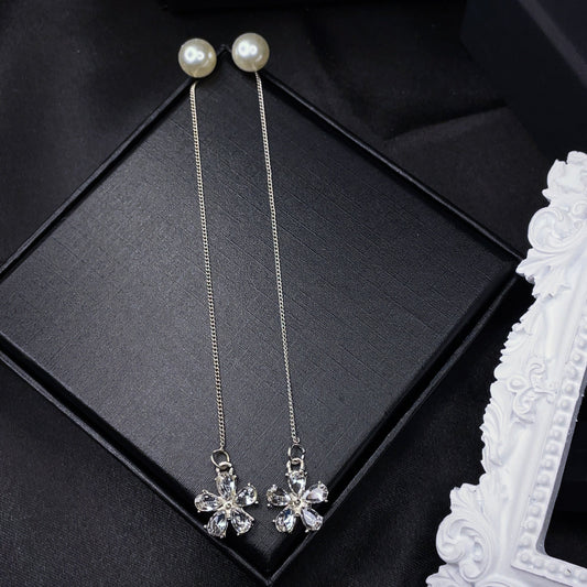 Crystal Flower Threader Earrings with Pearl Studs