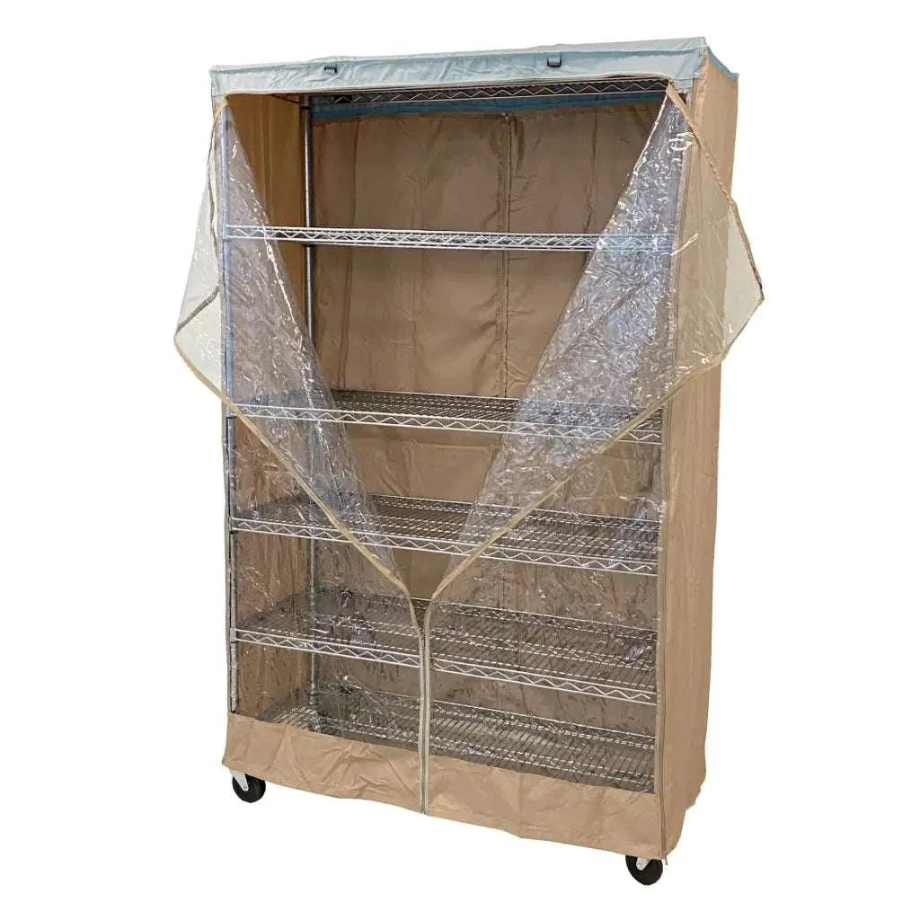 Storage Shelving Unit Cover, fits racks 36"W x 14"D x 54"H one side see through panel in Beige Khaki and Blue Trim