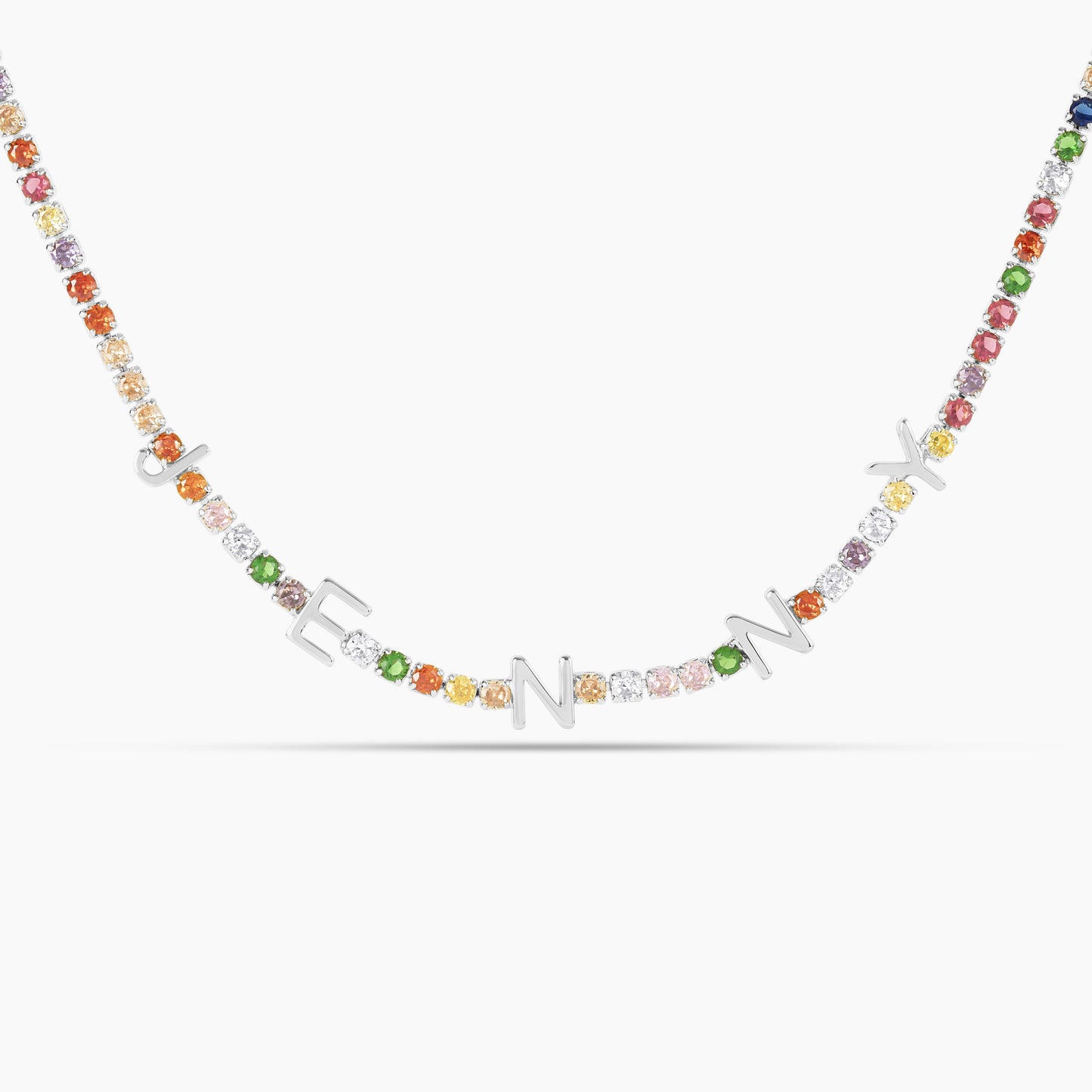 Spaced Out Name Necklace with Rainbow Tennis Chain